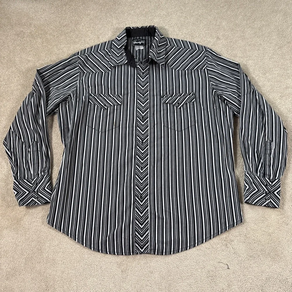 Vintage‎ Wrangler Authentic Western Shirt Mens XL Black Pearl Snap LS Striped